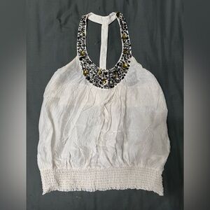 bebe White Blouse with Floral Embellished Neckline
